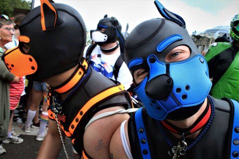 Human pets during Christopher Street Day parade on leash